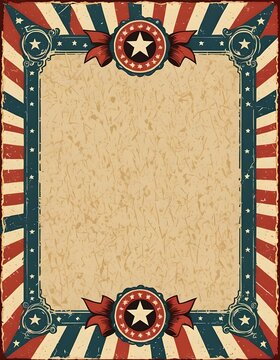 red, white, and blue stars and stripes Americana border, frame on weathered paper