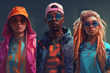 Three stylish young people in bright sport clothes and sunglasses.