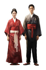 Hyper realistic Couple standing in JAPAN culture clothes Isolated on transparent background.
