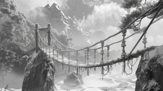 Fototapeta Stylized rope bridge scene in a grayscale art style inspired by traditional Japanese or Chinese graphics