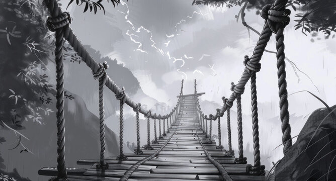 Fototapeta Stylized rope bridge scene in a grayscale art style.