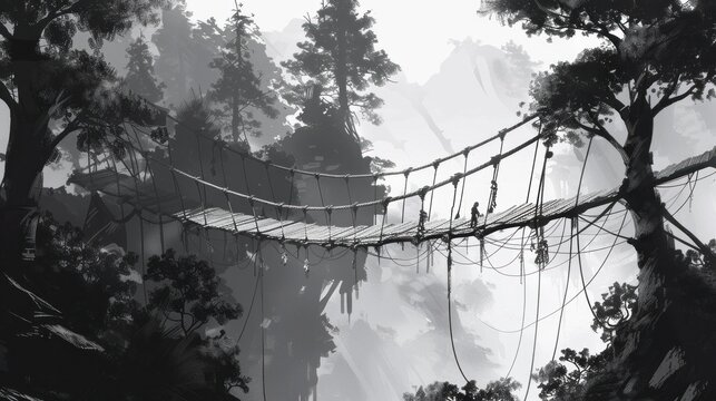 Fototapeta Design a stylized rope bridge scene in a grayscale art style, inspired by traditional Japanese or Chinese graphics