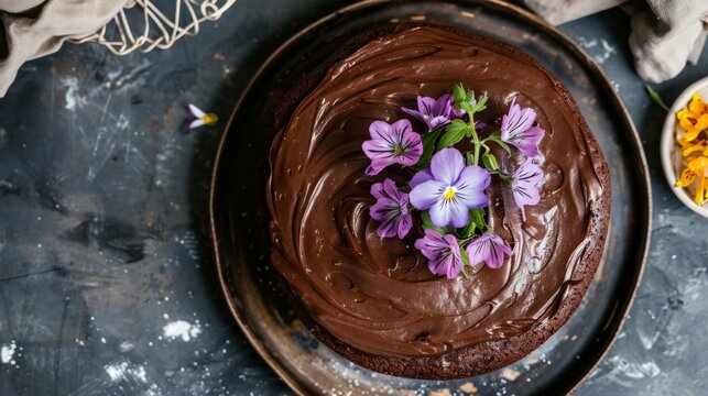 An overhead shot of a freshly baked vegan chocolate cake, the glossy frosting and edible flowers on top making it a masterpiece of plant-based baking.