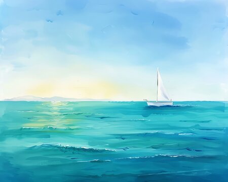 A serene turquoise ocean with a lone sailboat in the distance