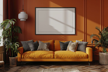 Mockup poster frame above a Camelback Sofa in aliving roomhyperrealistic shot, modern interior scanidavian style