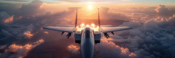 Fighter jet flies in the clouds, sunset shot - obrazy, fototapety, plakaty