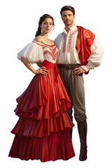 Hyper realistic Couple standing in SPAIN culture clothes Isolated on transparent background.