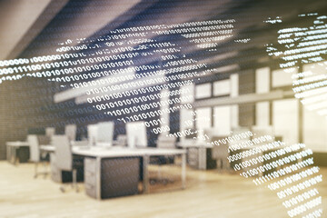 Double exposure of digital map of North America hologram on modern corporate office background,...