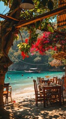 Authentic atmospheric cafe on Mexican bay beach under green trees overlooking clear blue water, colorful flowers - obrazy, fototapety, plakaty