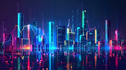 Luminous Urban Skyline with Stock Market Growth Concept