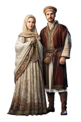 Hyper realistic Couple standing in TURKEY culture clothes Isolated on transparent background.