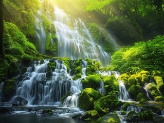 A breathtaking waterfall cascading down moss-covered rocks in a lush rainforest natural wonder Sunlight filters through the dense canopy, illuminating the cascading water with a magical