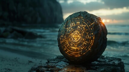 An ancient talisman glowing with digital runes, symbolizing the fusion of magic and modernity, set in twilight - obrazy, fototapety, plakaty