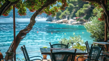 Authentic atmospheric cafe on the shore of the French Riviera under green trees overlooking clear blue water, colorful flowers in the background - Powered by Adobe