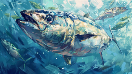 World Tuna Day. May 2. Ocean Day June 8. Colored watercolor iilustration of adult tuna swimming in...