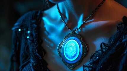 Bioluminescent amulets as wearable tech, glowing symbols in smart fashion - obrazy, fototapety, plakaty