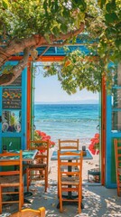 Fototapeta na wymiar Cozy cafe on the beach with colored wooden window frames, tables and chairs under green trees overlooking clear blue water, colorful flowers on the background of the picture