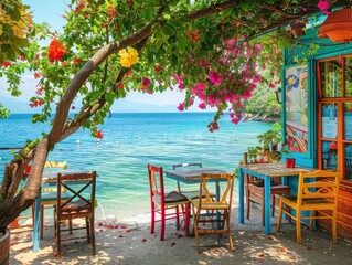 Cozy cafe on the beach with colored wooden window frames, tables and chairs under green trees overlooking clear blue water, colorful flowers on the background of the picture, sunny day