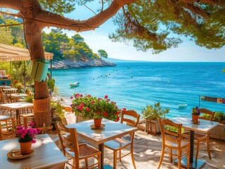 Obraz premium Cozy Mediterranean cafe on the beach under green trees overlooking clear blue water, colorful flowers in the background, sunny day, bright saturated colors