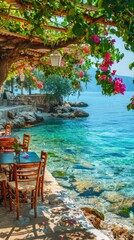 Cozy Mediterranean cafe on the beach under green trees overlooking clear blue water, colorful flowers in the background, sunny day, bright saturated colors