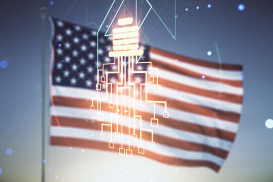 Virtual creative idea concept with light bulb and microcircuit illustration on USA flag and sunset sky background. Neural networks and machine learning concept. Multiexposure