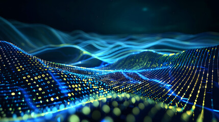 Digital data transfer with binary code flowing across a digital landscape, wallpaper of technology for sending and exchanging information transmission, global network connection