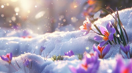 Saffron flowers blooming under the snow, capturing hope and renewal of first spring day.