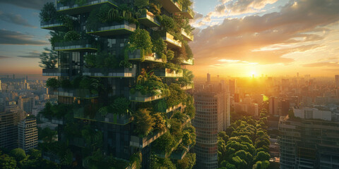 green building with balconies full of greenery overlooking the city at sunset.ecofriendly building design, urban landscape, green environment - obrazy, fototapety, plakaty