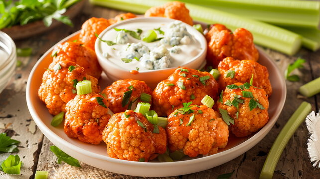 Buffalo cauliflower bites with blue cheese dipping sauce and celery sticks.