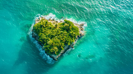 Love travel. heart shaped island in a blue ocean. Honey moon, summer vacation, last minute tour concept. Aerial view. Beautiful maldives tropical island in heart shape