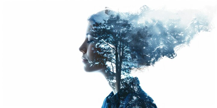 Mental health, psychology, tranquility illustration, double exposure, white background