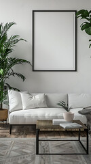 Mockup poster frame above a Convertible Sofa in aliving room, modern interior scanidavian style
