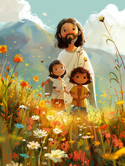 A cartoon-style illustration of a joyful Jesus with two children in a meadow featuring soft sculpture design