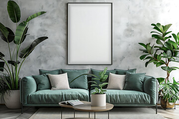 Mockup poster frame above a Convertible Sofa in aliving roomhyperrealistic shot, modern interior scanidavian style