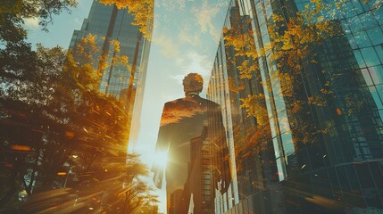 Businessman walking on city street with abstract green summer forest overlay on skyscarpers - obrazy, fototapety, plakaty