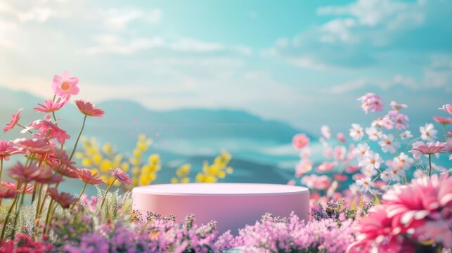 Podium for product demonstration, mesmerizing beautiful summer landscape in the background, saturated colors, bright picture