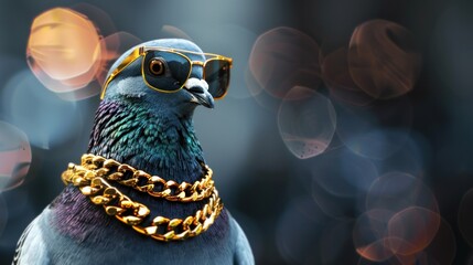 Stylish blue pigeon wearing sunglasses and a massive gold chain.