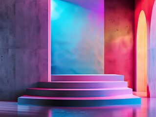Obraz premium Podium for product demonstration, mesmerizing beautiful modern interior in the background, saturated colors, bright picture