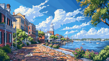 A charming illustration of the quaint cityscape of Charleston South Carolina