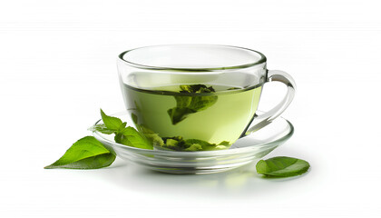 Glass cup of tasty green tea on white background