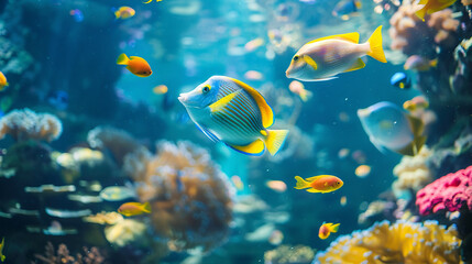 A colorful coral reef with many fish swimming around.

