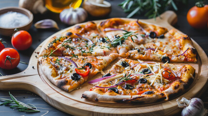 Pizza on a wooden board, with a background of a kitchen table and ingredients - obrazy, fototapety, plakaty