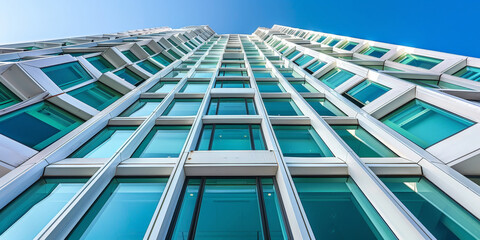 Obraz premium Modern glass building with white and green accents, showcasing polygonal architecture on blue sky background