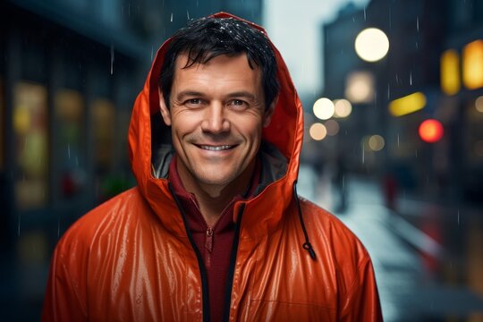 Portrait of a satisfied man in his 40s wearing a vibrant raincoat isolated on busy urban street