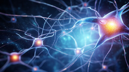 Neuron cells nervous system closeup, abstract blue glitter neuron cells in brain artistic background