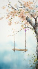 A peaceful watercolor painting of a swing hanging from sky-bound branches, swaying gently in a spring breeze