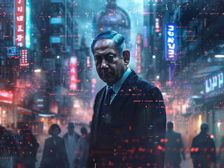 A cinematic poster depicting an AI conglomerates activities with 