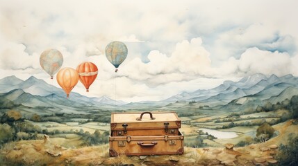 A poignant watercolor of an old-fashioned suitcase floating above a scenic countryside, suggesting travel and adventure - obrazy, fototapety, plakaty