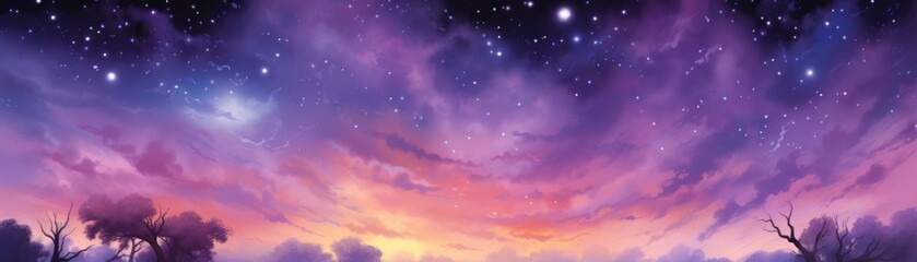 A vibrant watercolor of a cluster of stars falling like rain against a dusk-purple sky