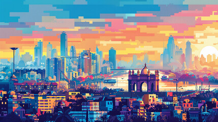 A colorful illustration of Mumbais cityscape featuring the Gateway of India - obrazy, fototapety, plakaty